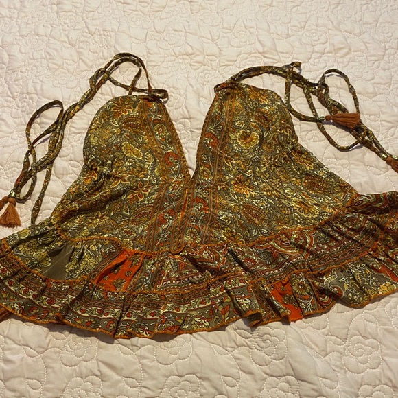 Karma Highway Tops - Boho Paisley Halter Ruffle Hem Cami Top - Brown & Rust